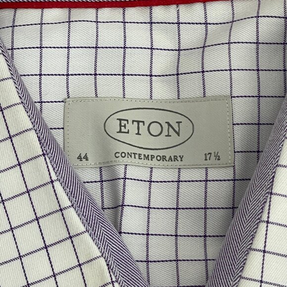 Eton Dress Shirt Mens 17.5-44 White Purple Check Long Sleeve Button Up FLAW - Picture 6 of 9